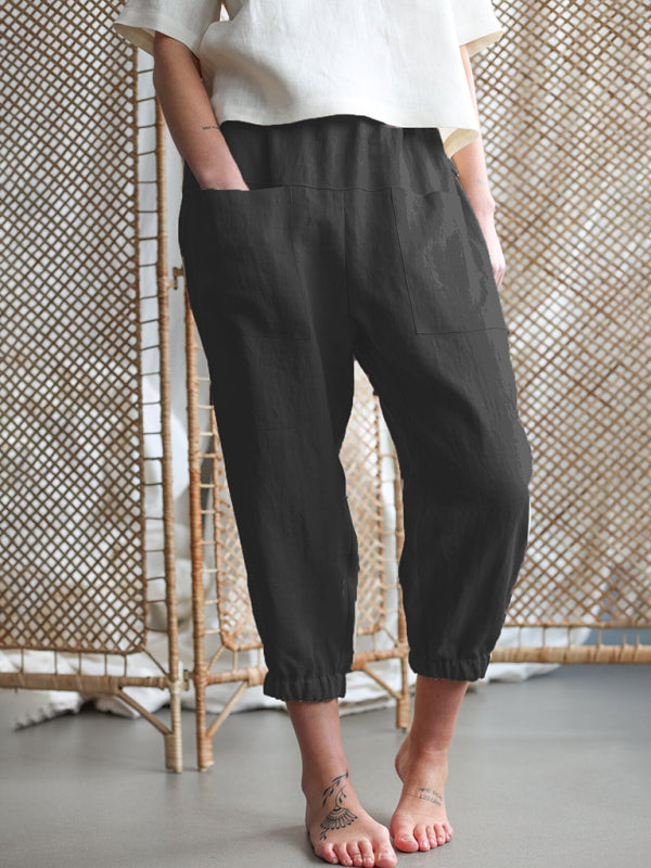 Baggy Pants- Women's Linen Tapered Pants in Baggy Fit- Black- Chuzko Women Clothing