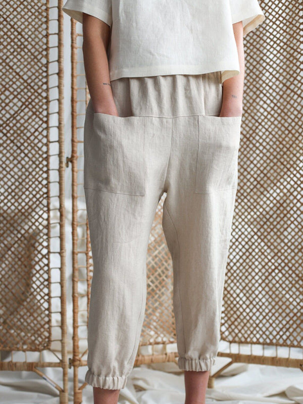 Baggy Pants- Women's Linen Tapered Pants in Baggy Fit- - Chuzko Women Clothing