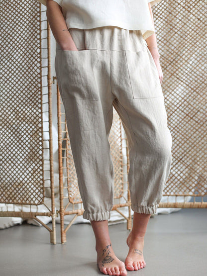 Baggy Pants- Women's Linen Tapered Pants in Baggy Fit- Khaki- Chuzko Women Clothing