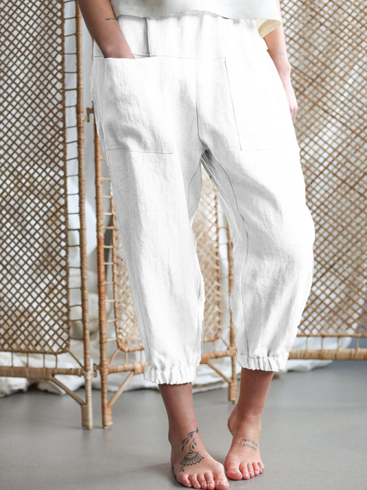 Baggy Pants- Women's Linen Tapered Pants in Baggy Fit- White- Chuzko Women Clothing