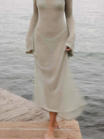 Beach Dresses- Backless Beach Cover-Up - Open Knitting Vacation Mermaid Sweep Train Maxi Dress- - Chuzko Women Clothing