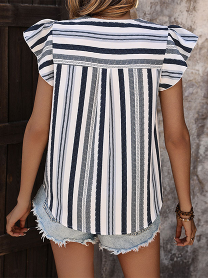 Blouses- Vertical Stripe Ruffle Sleeve Blouse for Women- - Chuzko Women Clothing
