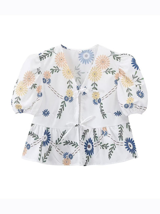 Blouses- Women's Floral Tie-Up Puff Sleeve Blouse- White- Chuzko Women Clothing