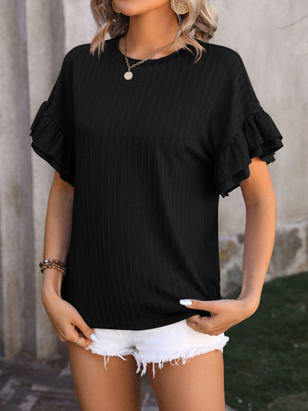 Blouses- Women's Textured Summer Blouse with Ruffle Sleeves- - Chuzko Women Clothing