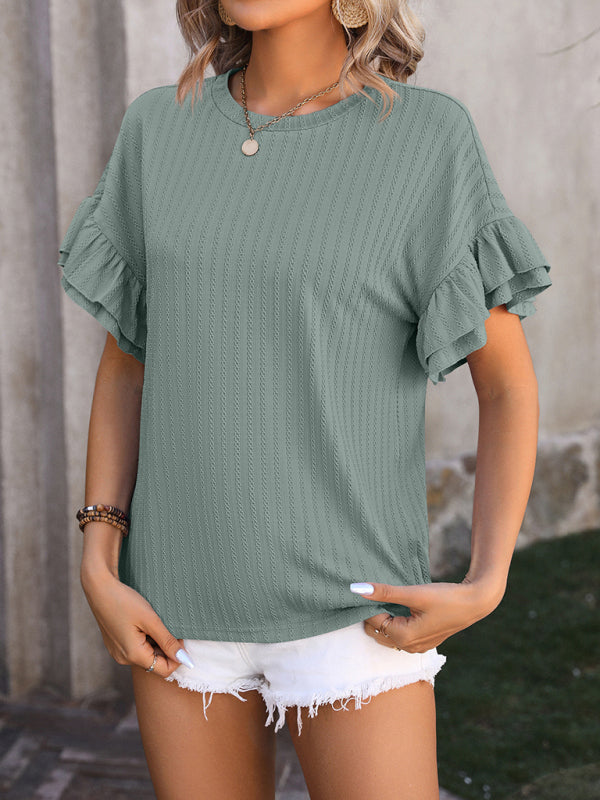 Blouses- Women's Textured Summer Blouse with Ruffle Sleeves- - Chuzko Women Clothing