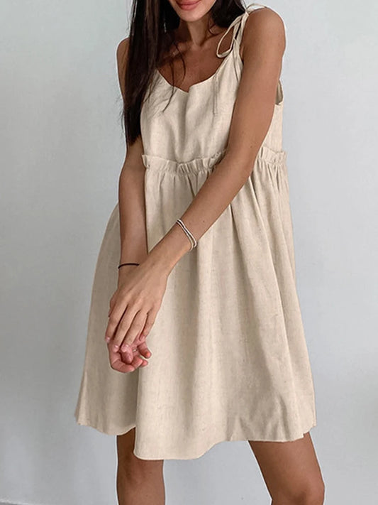 Cami Dresses- Solid Tie-Shoulder Sundress - Sleeveless Cotton-Linen Tunic Dress- - Chuzko Women Clothing