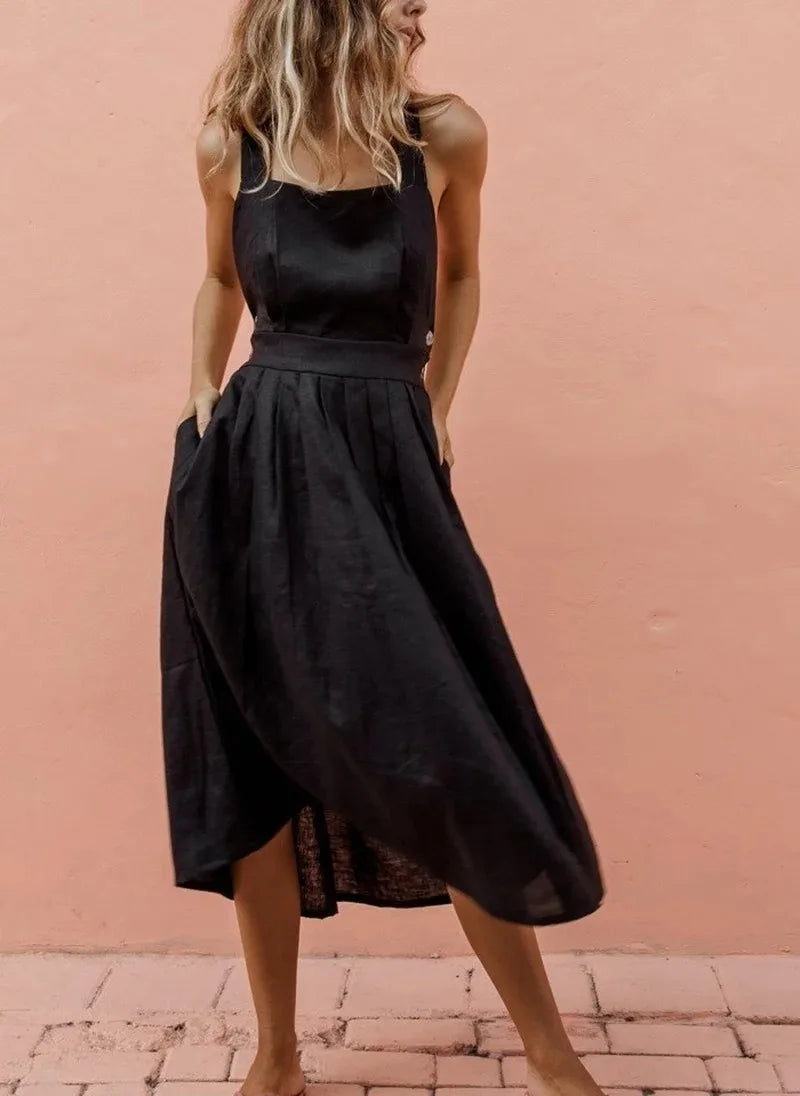 A-Line Solid Sleeveless Midi Dress with Bowknot Back