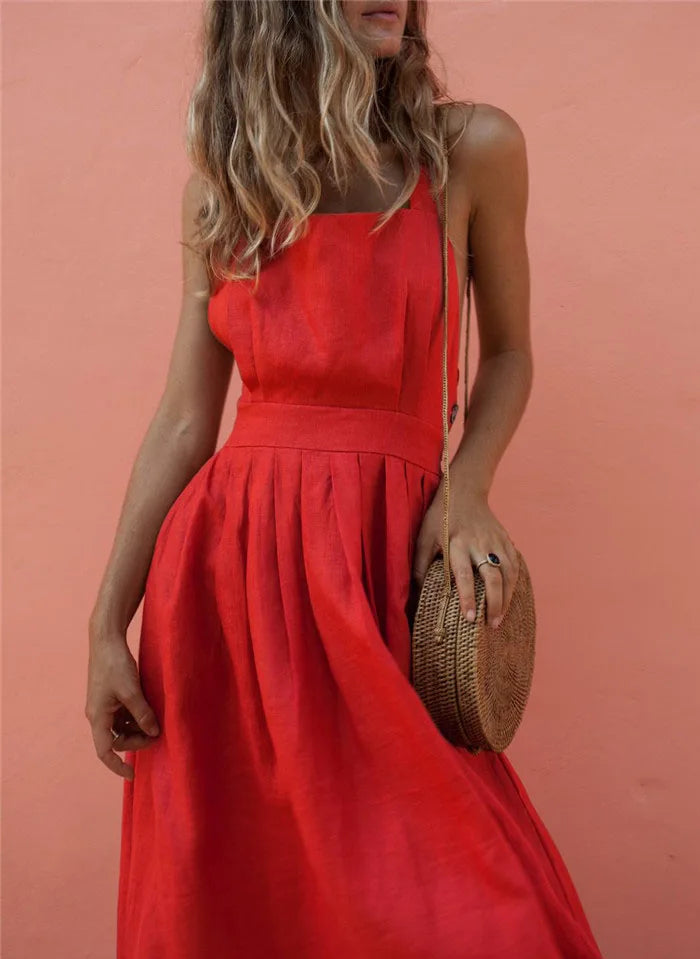 A-Line Solid Sleeveless Midi Dress with Bowknot Back