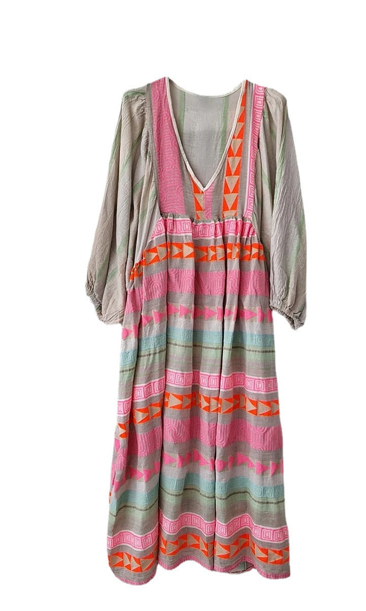 Casual Dresses- Aztec Print V-Neck Tunic Maxi Dress with Lantern Sleeves- - Chuzko Women Clothing