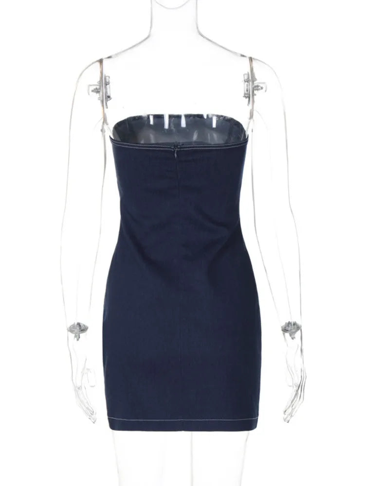 Casual Dresses- Denim Dream Strapless Bodycon Mini Dress with Exposed Seams for Women- - Chuzko Women Clothing