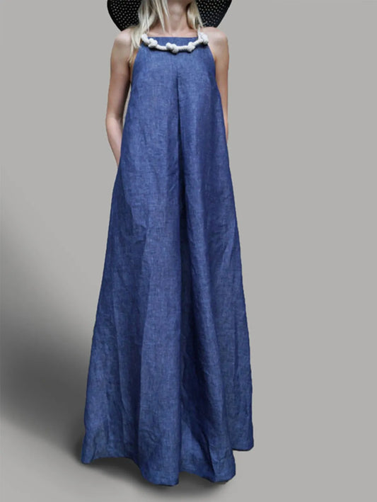 Casual Dresses- Light Denim Sleeveless Halterneck Maxi Tunic Dress- Blue- Chuzko Women Clothing