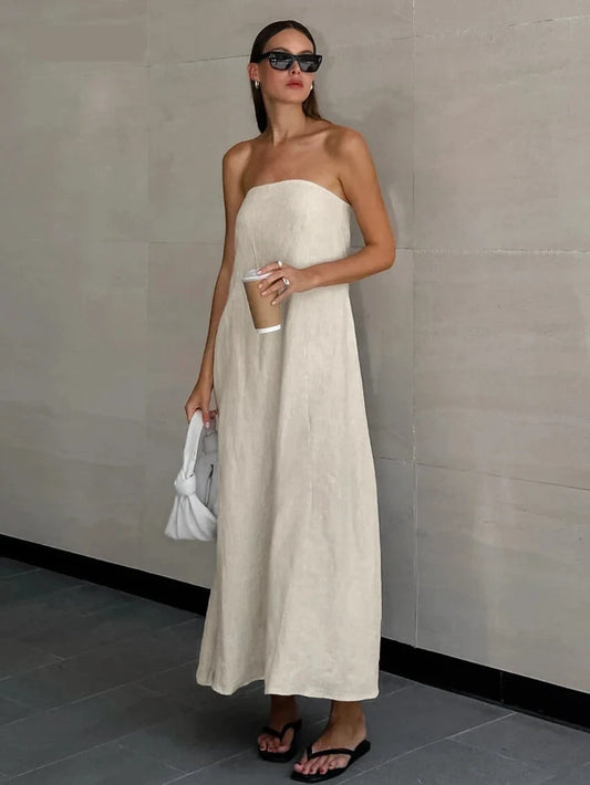 Casual Dresses- Loose Fit Cotton-Linen Strapless Maxi Dress for Sunny Days- Khaki- Chuzko Women Clothing