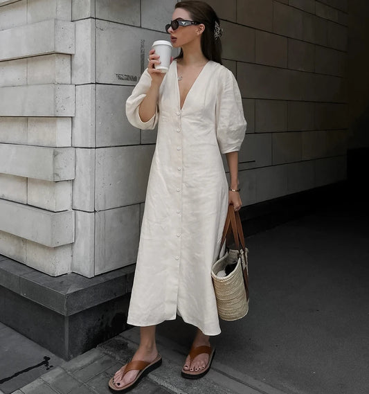 Casual Dresses- Solid A-Line Button-Up Midi Dress in Solid Cotton Linen- - Chuzko Women Clothing