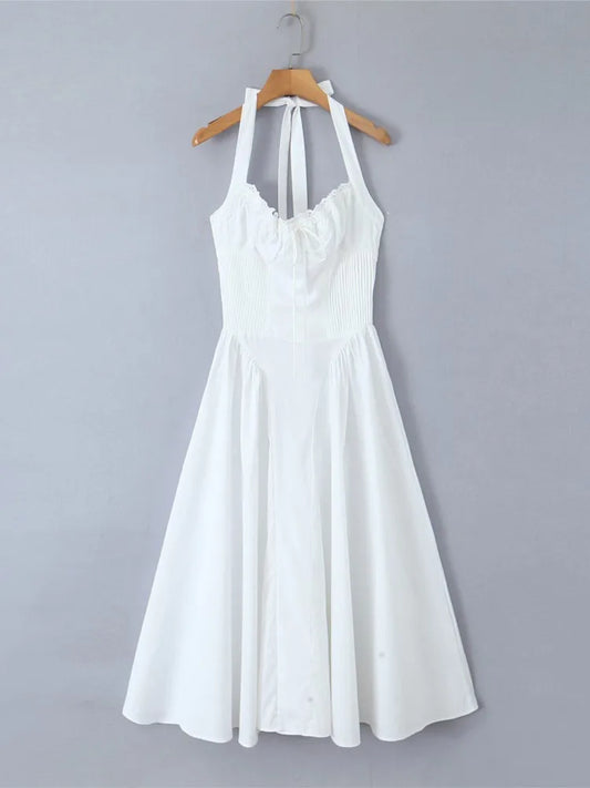 Casual Dresses- Solid Fit & Flare Tie-Halter Midi Dress with Drop-Waist for Women- White- Chuzko Women Clothing