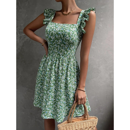 Casual Dresses- Summer A-Line Bowknot Back Dress - Floral Smocked Bodice Sundress- - Chuzko Women Clothing
