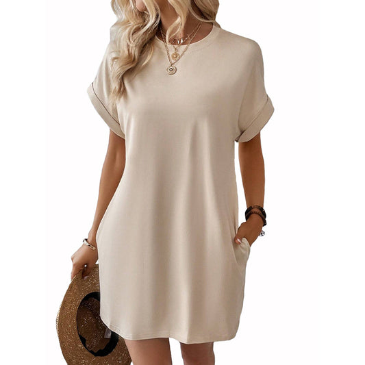 Casual Dresses- Summer Solid Tunic Mini Dress in Loose Fit- - Chuzko Women Clothing
