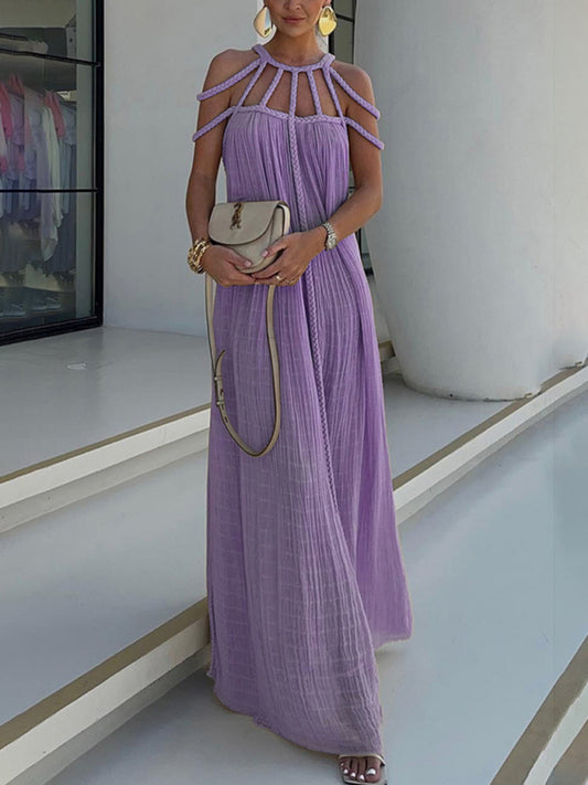 Casual Dresses- Women's Backless Maxi Dress with Braided Neck and Loose Tunic Fit- Purple- Chuzko Women Clothing