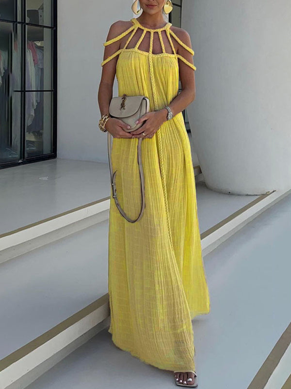 Casual Dresses- Women's Backless Maxi Dress with Braided Neck and Loose Tunic Fit- Yellow- Chuzko Women Clothing