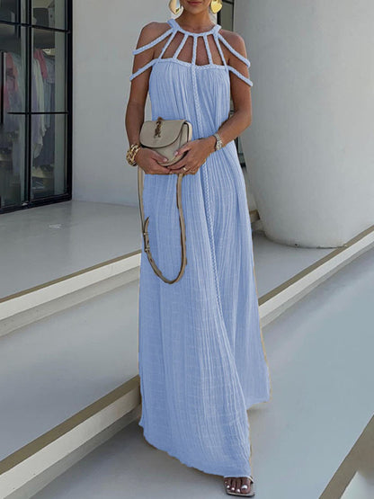 Casual Dresses- Women's Backless Maxi Dress with Braided Neck and Loose Tunic Fit- Clear blue- Chuzko Women Clothing
