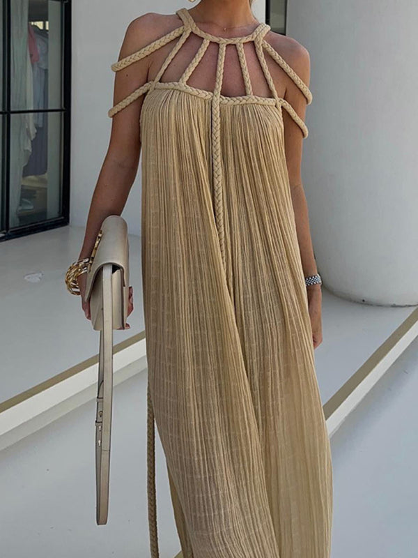 Casual Dresses- Women's Backless Maxi Dress with Braided Neck and Loose Tunic Fit- Coffee- Chuzko Women Clothing