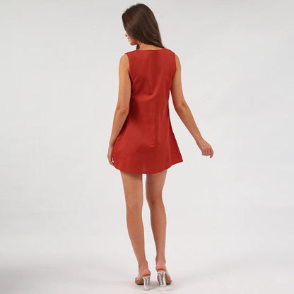 Women's V-Neck A-Line Mini Dress in Cotton Linen for Summer