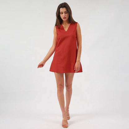 Women's V-Neck A-Line Mini Dress in Cotton Linen for Summer