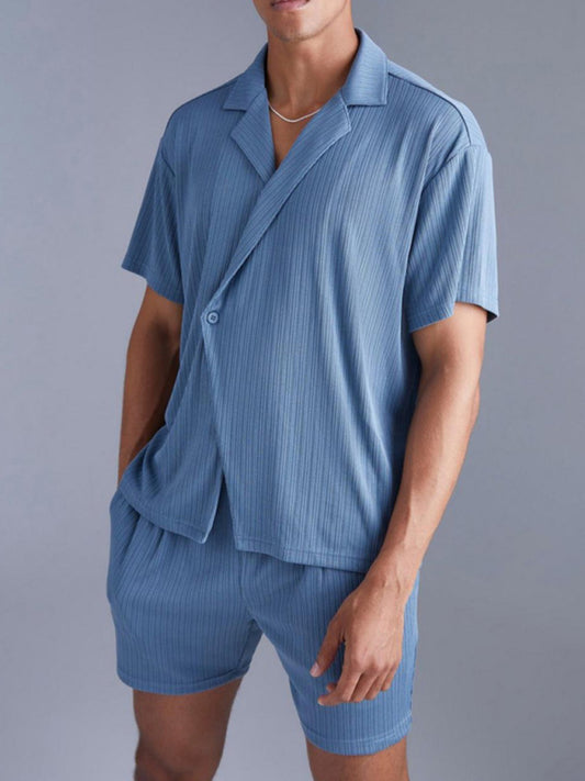 Casual Outfits- Relax Textured Notch Shirt & Matching Lounge Shorts for Men- Royal blue- Chuzko Women Clothing