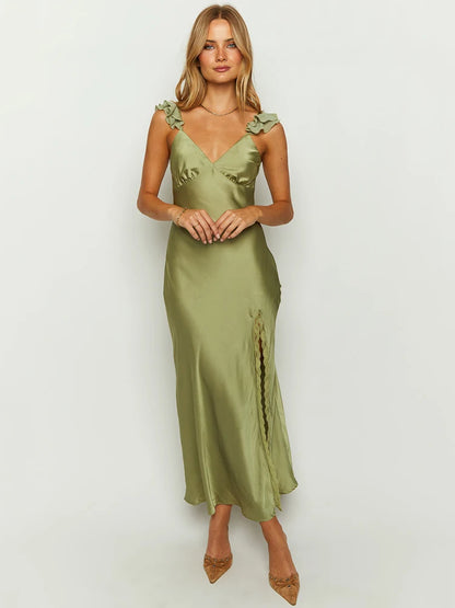 Cocktail Dresses- Summer Cocktail Slip Midi Dress in Satin Silk- - Chuzko Women Clothing