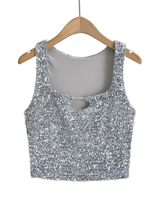Crop Tops- Disco Sparkling Sequin Crop Top for Party Nights- Grey- Chuzko Women Clothing
