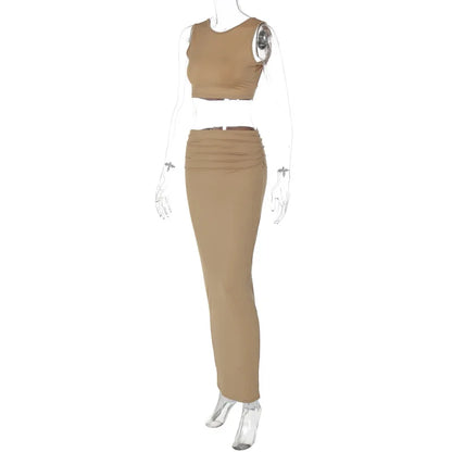Summer Sleeveless Crop Top & Maxi Skirt with Ruched Waist in Bodycon Style