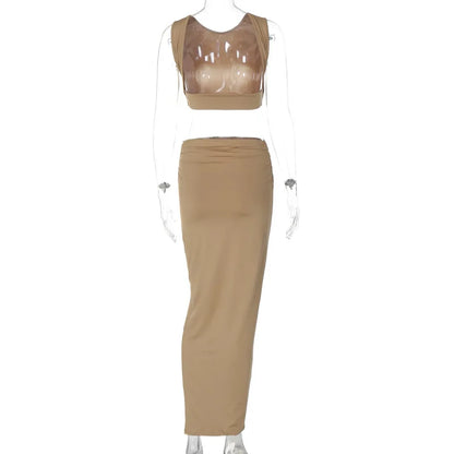Summer Sleeveless Crop Top & Maxi Skirt with Ruched Waist in Bodycon Style