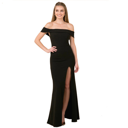 Elegant Dresses- Elegant Best-Dressed Wedding Guest Solid Off-Shoulder Slit Maxi Dress- Black- Chuzko Women Clothing