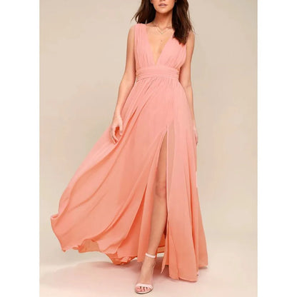 Elegant Dresses- Elegant Chiffon Maxi Dress - Plunging Neckline for Gala Nights- Maroon- Chuzko Women Clothing