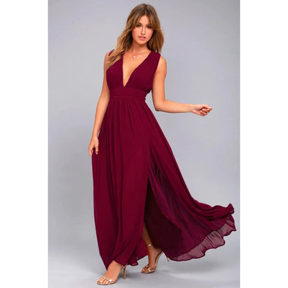 Elegant Dresses- Elegant Chiffon Maxi Dress - Plunging Neckline for Gala Nights- Burgundy- Chuzko Women Clothing