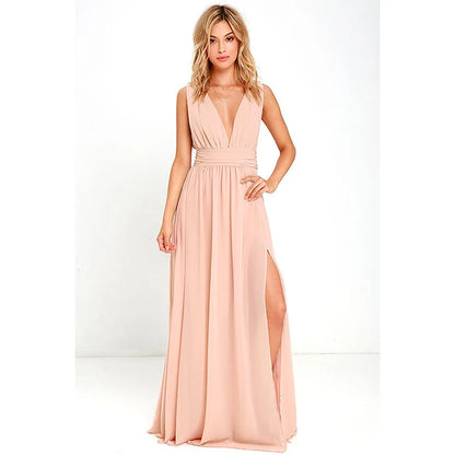 Elegant Dresses- Elegant Chiffon Maxi Dress - Plunging Neckline for Gala Nights- Pink- Chuzko Women Clothing
