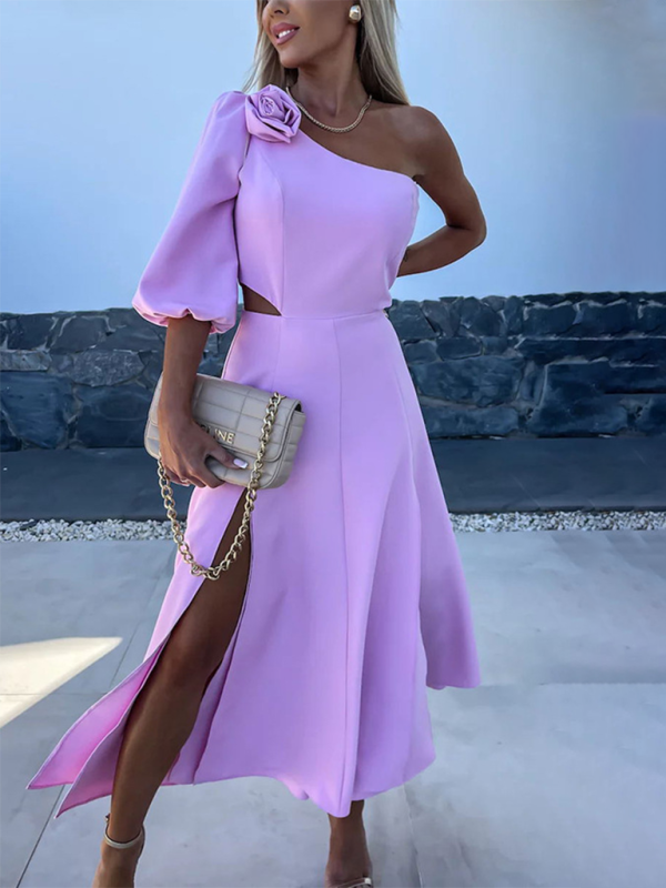 Elegant Dresses- Floral Appliqué One Shoulder Cutout Dress for Grad Parties- Chuzko Women Clothing