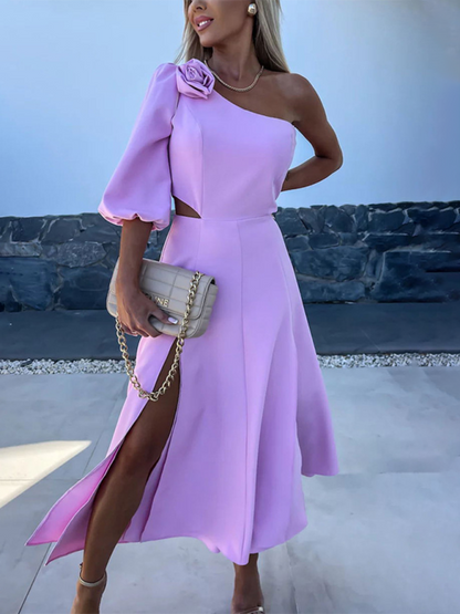 Elegant Dresses- Floral Appliqué One Shoulder Cutout Dress for Grad Parties- Chuzko Women Clothing