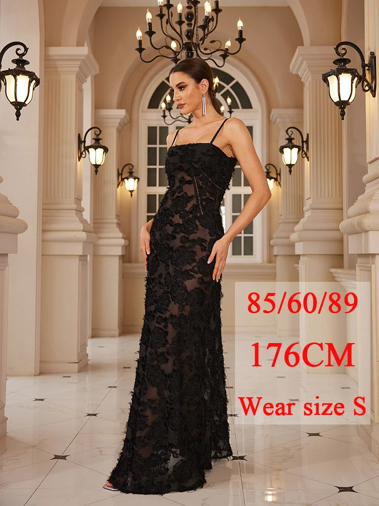 Elegant Dresses- Lace-Up Back Evening Gown - Women's Floral Appliqué Maxi Dress- Black- Chuzko Women Clothing