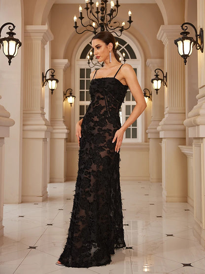 Elegant Dresses- Lace-Up Back Evening Gown - Women's Floral Appliqué Maxi Dress- - Chuzko Women Clothing