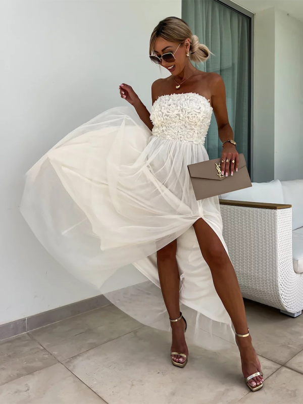 Elegant Dresses- Mesh Overlay Appliqué Tube Slit Dress for Gala Affairs- Chuzko Women Clothing