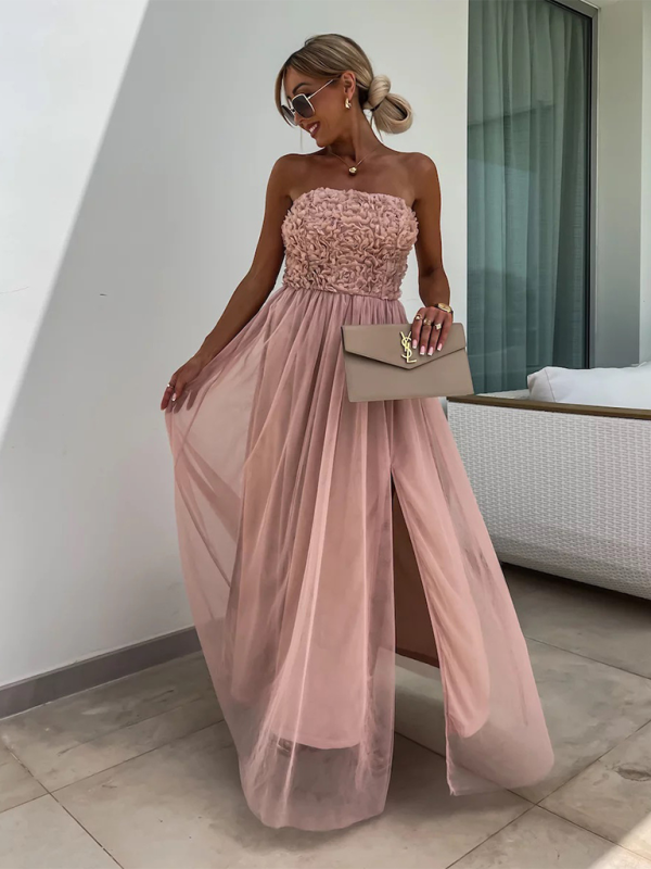 Elegant Dresses- Mesh Overlay Appliqué Tube Slit Dress for Gala Affairs- Chuzko Women Clothing