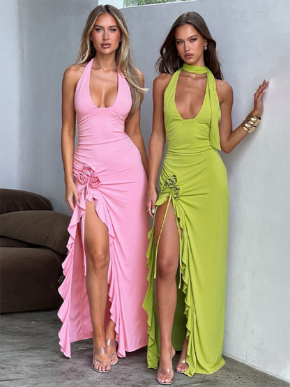 Elegant Dresses- Women's Ruffle Bodycon Plunging Halter Maxi Dress for Wedding Receptions- Chuzko Women Clothing