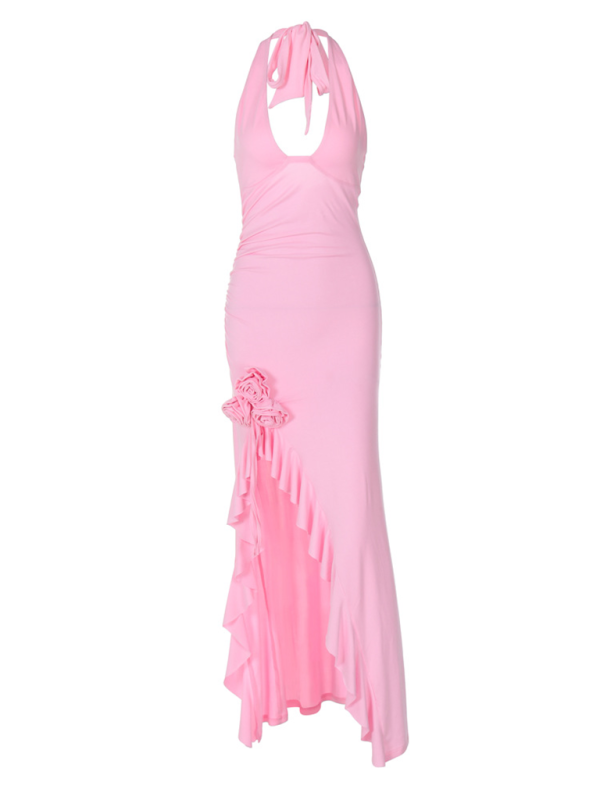 Elegant Dresses- Women's Ruffle Bodycon Plunging Halter Maxi Dress for Wedding Receptions- Chuzko Women Clothing