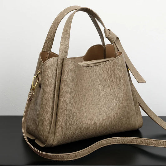 Handbags- Multi-Purpose Handbag Faux Leather Tote Bag for Work & Leisure- Khaki- Chuzko Women Clothing