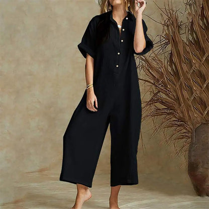 Jumpsuits- Baggy Button-Up Playsuit in Textured Cotton for Women - Loose-Fit Jumpsuit- - Chuzko Women Clothing