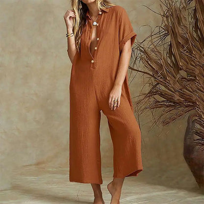 Jumpsuits- Baggy Button-Up Playsuit in Textured Cotton for Women - Loose-Fit Jumpsuit- - Chuzko Women Clothing