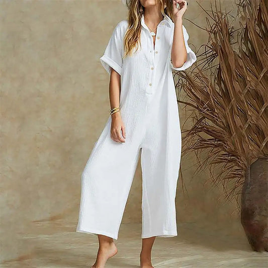 Baggy Button-Up Playsuit in Textured Cotton for Women - Loose-Fit Jumpsuit