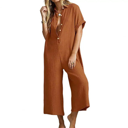 Jumpsuits- Baggy Button-Up Playsuit in Textured Cotton for Women - Loose-Fit Jumpsuit- Khaki- Chuzko Women Clothing