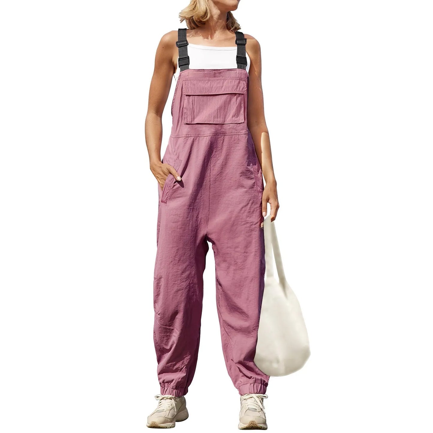 Jumpsuits- Women's Solid Bib Pencil Pantsuits with Multipockets - Baggy Overalls- Pink- Chuzko Women Clothing