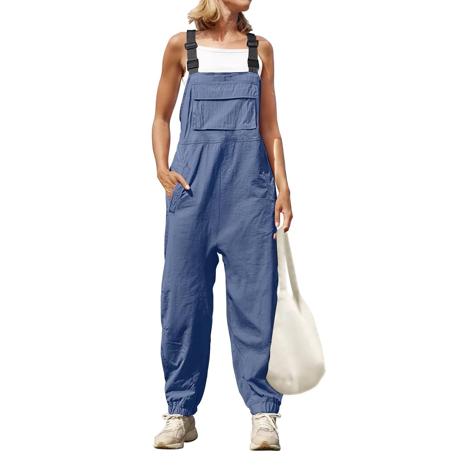 Jumpsuits- Women's Solid Bib Pencil Pantsuits with Multipockets - Baggy Overalls- Blue- Chuzko Women Clothing